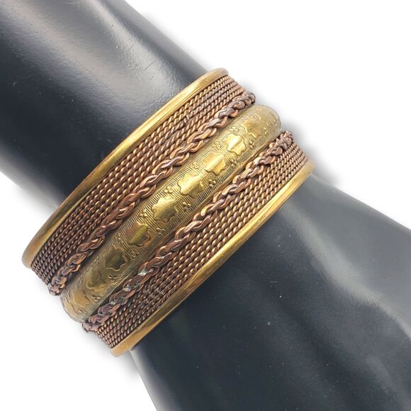 Wide Brass Copper Bangle Vintage Cuff Bracelet Mixed Metal Boho - Picture 9 of 9